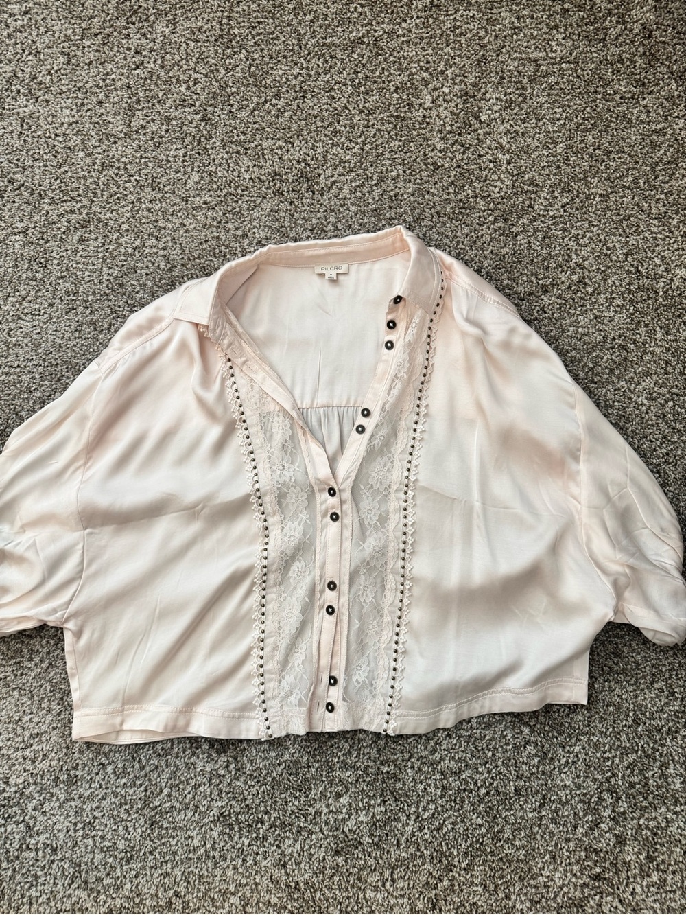 NWOT Pilcro Pale Pink/Cream Lace-Trim Button Down Top